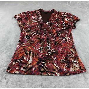 New Directions Women's Top XL Henley Red Multicolored Artsy Mesh C20